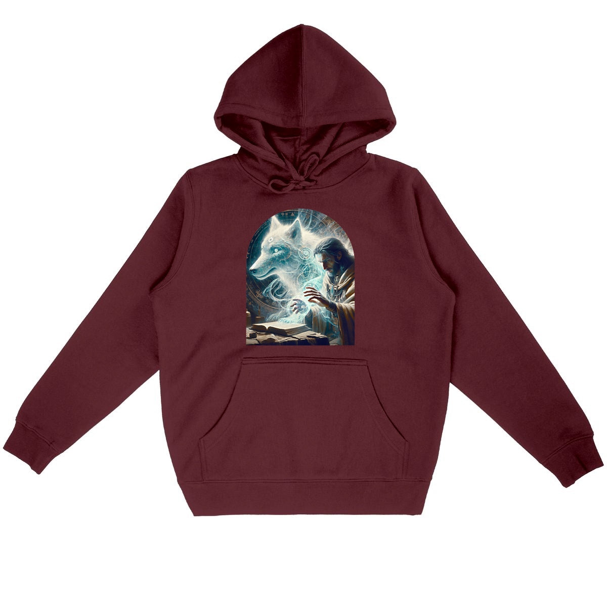 Mystischer Bio-Hoodie „Merlin & der Geisterwolf“ - vorderseite_bordeaux
