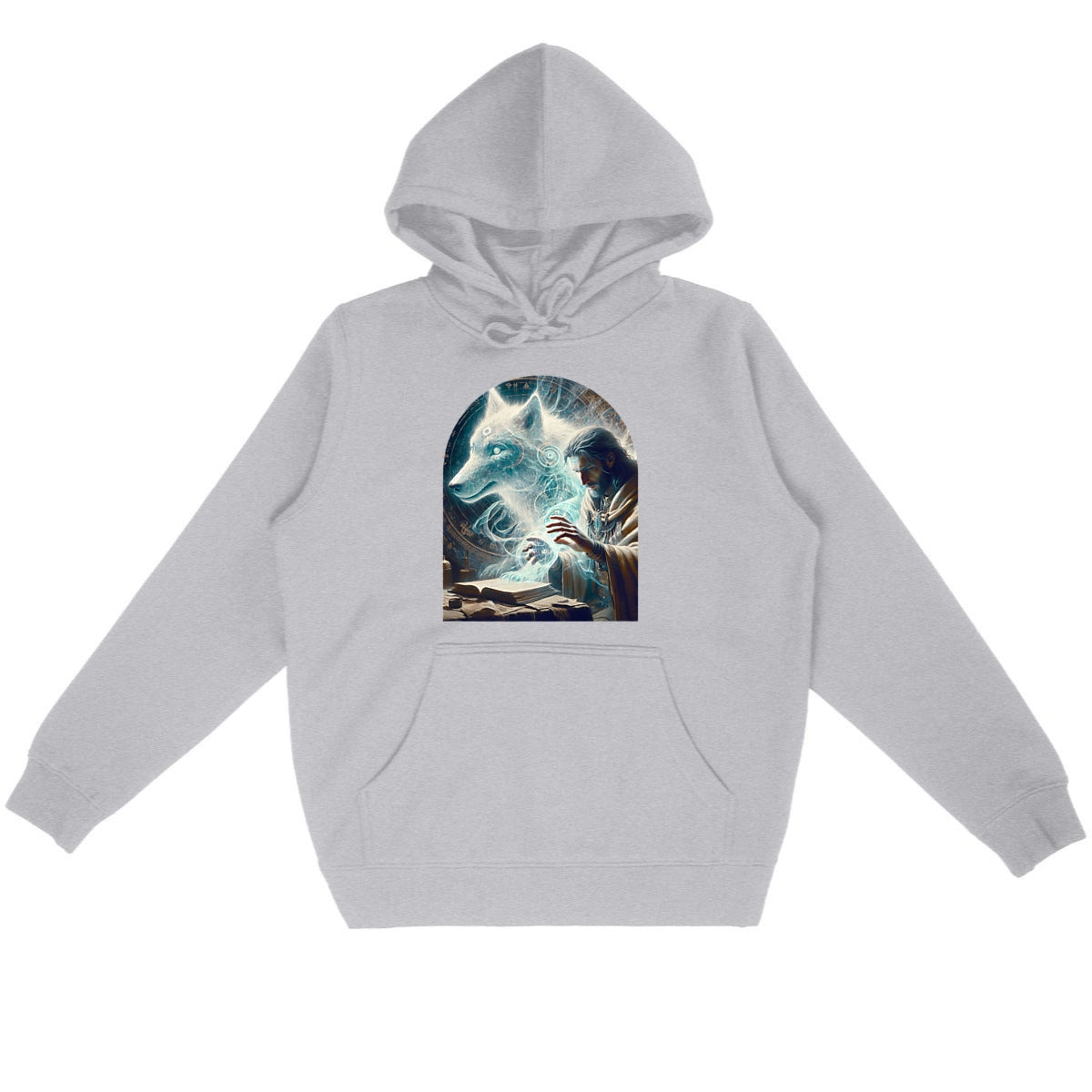 Mystischer Bio-Hoodie „Merlin & der Geisterwolf“ - vorderseite_heidekrautgrau