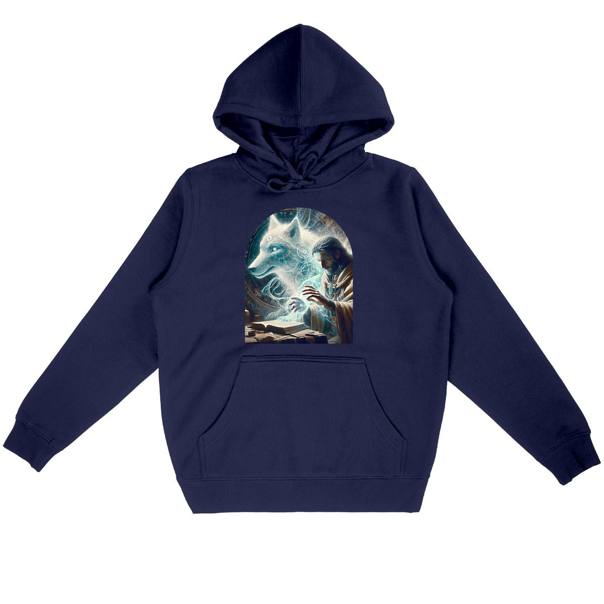 Mystischer Bio-Hoodie „Merlin & der Geisterwolf“ - vorderseite_marineblau