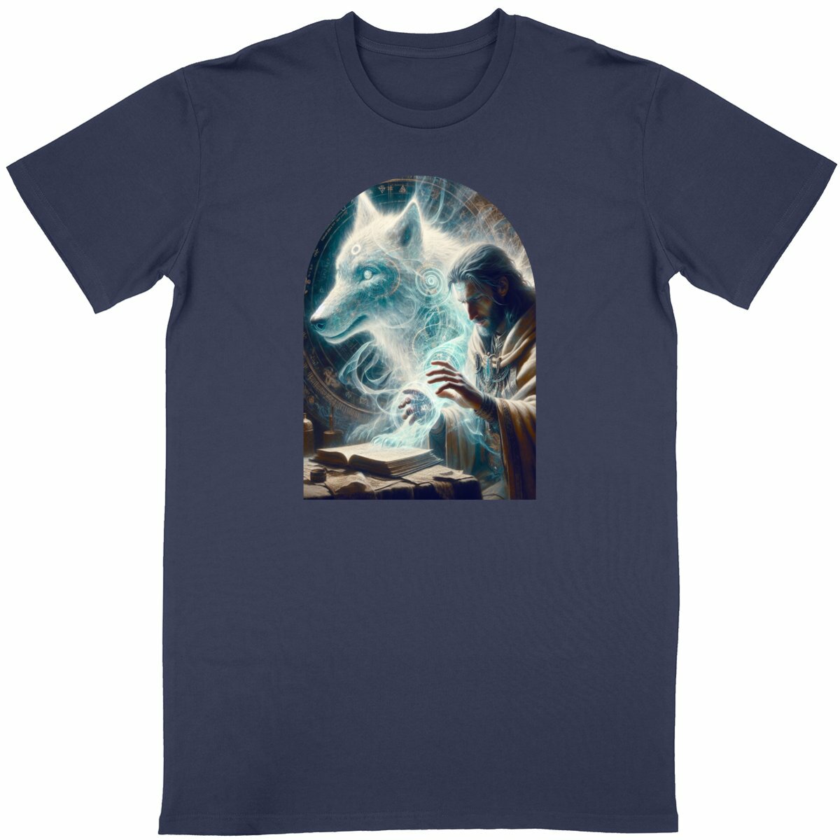 Bio-T-Shirt „Merlin & Geisterwolf“  - vorderseite_marineblau