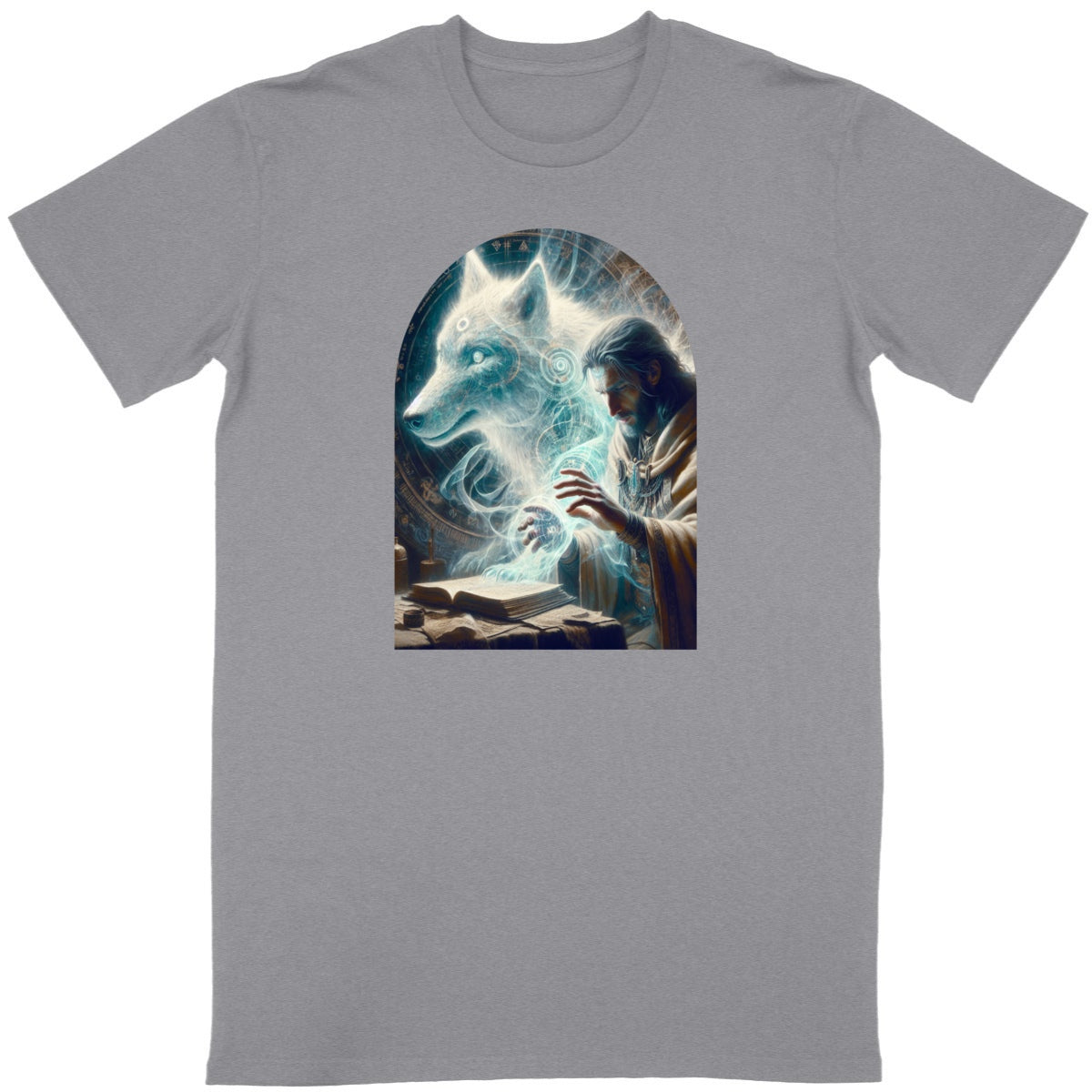 Bio-T-Shirt „Merlin & Geisterwolf“  - vorderseite_melangegrau