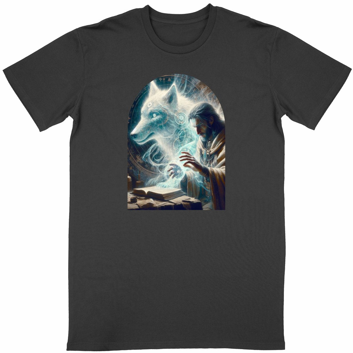 Bio-T-Shirt „Merlin & Geisterwolf“  - vorderseite_schwarz