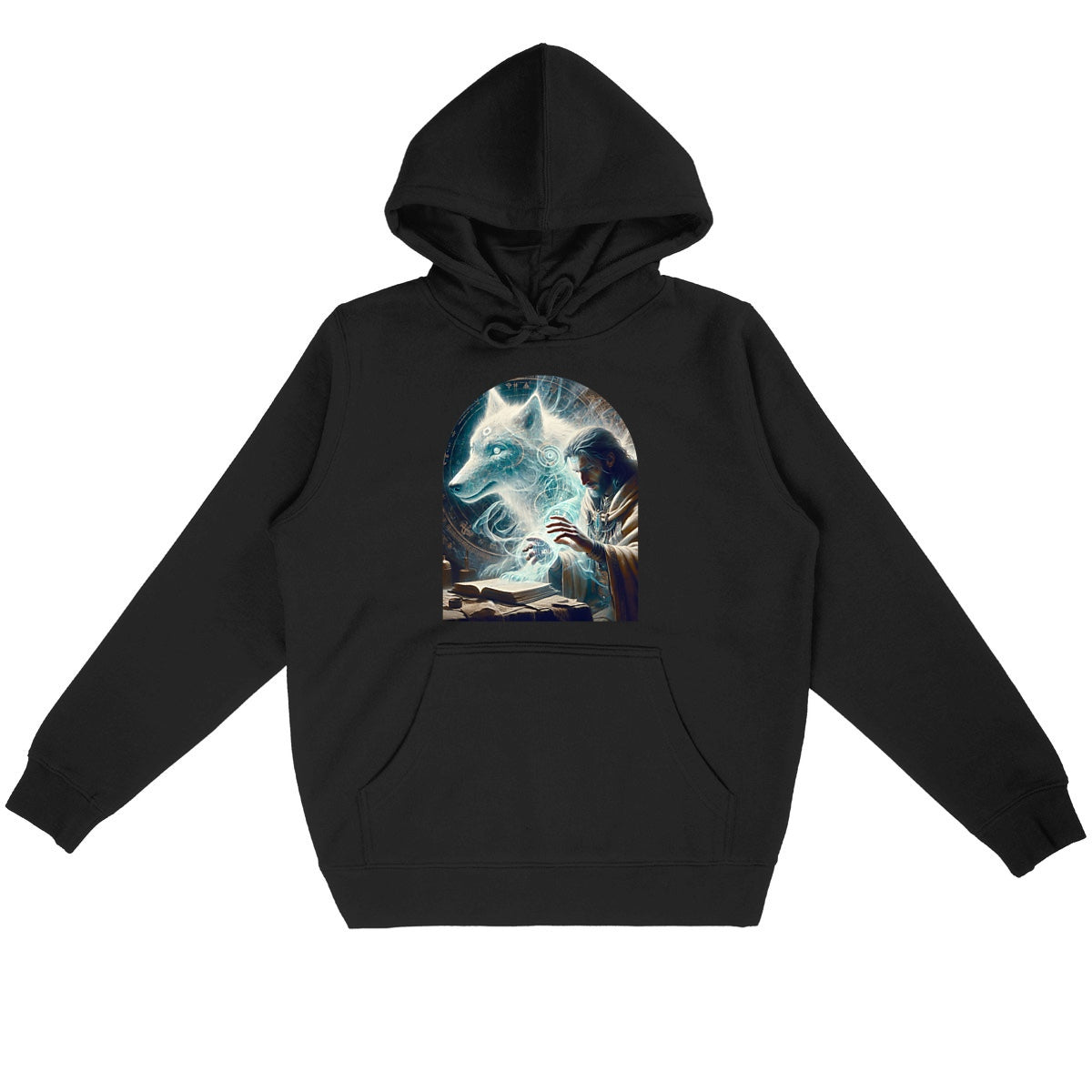 Mystischer Bio-Hoodie „Merlin & der Geisterwolf“ - vorderseite_schwarz