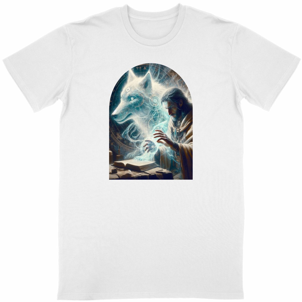 Bio-T-Shirt „Merlin & Geisterwolf“  - vorderseite_weiß
