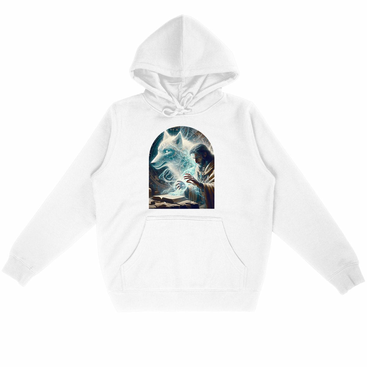 Mystischer Bio-Hoodie „Merlin & der Geisterwolf“ - vorderseite_weiß