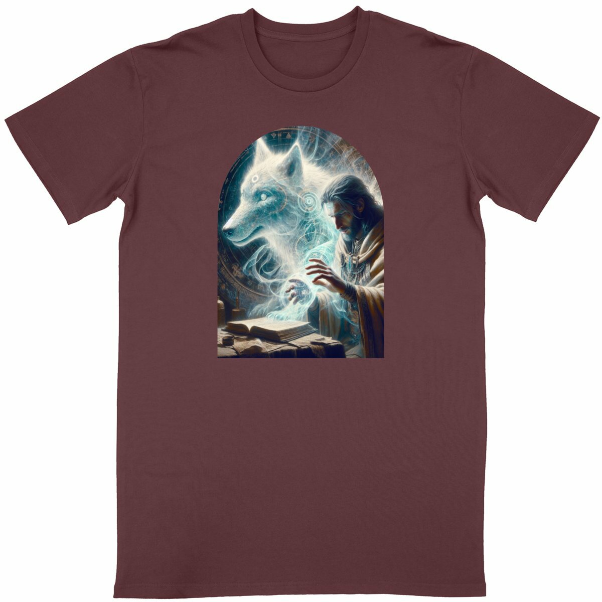 Bio-T-Shirt „Merlin & Geisterwolf“  - vorderseite_weinrot
